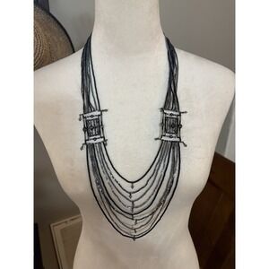 Chico's long Black multi strand layered tribal statement Necklace Seed Bead 32"